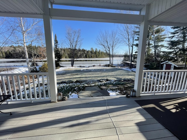 view of snow covered deck