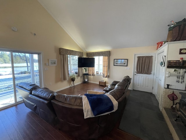 living room with high vaulted ceiling and dark wood-type flooring