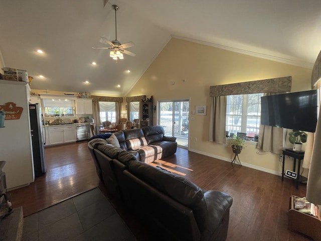 living room featuring ceiling fan, high vaulted ceiling, dark hardwood / wood-style floors, and ornamental molding