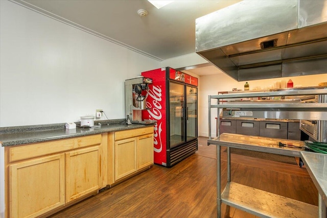 kitchen with light brown cabinets, dark hardwood / wood-style flooring, and ornamental molding