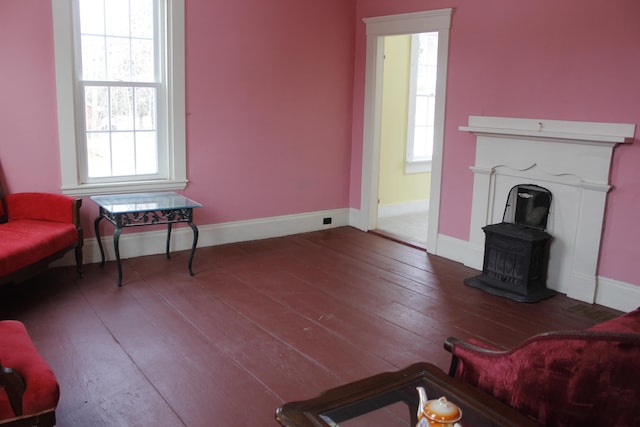 living room with a wood stove, a wealth of natural light, and hardwood / wood-style floors