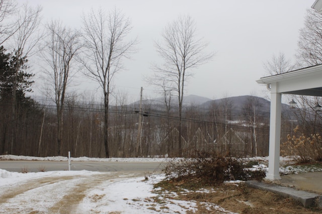 yard covered in snow with a mountain view