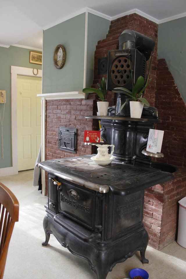 details featuring carpet floors, a wood stove, and ornamental molding