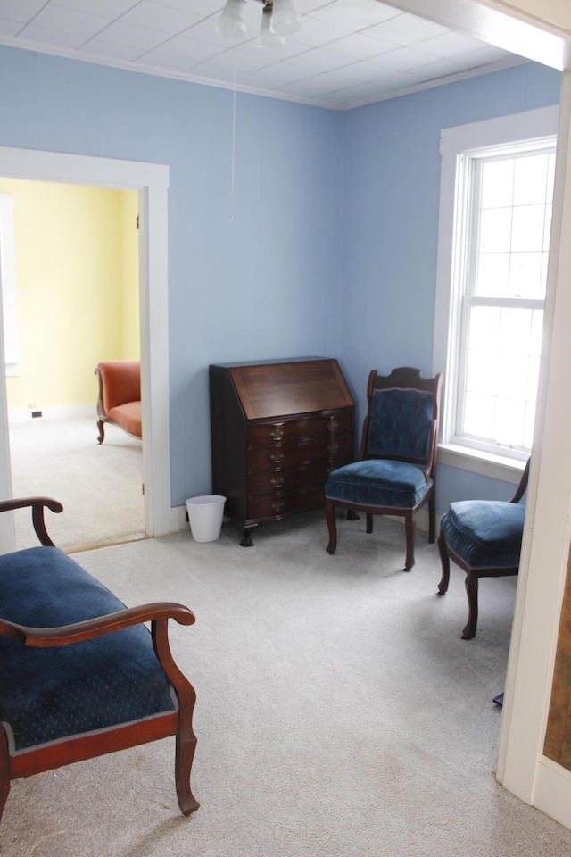 sitting room with light colored carpet and crown molding