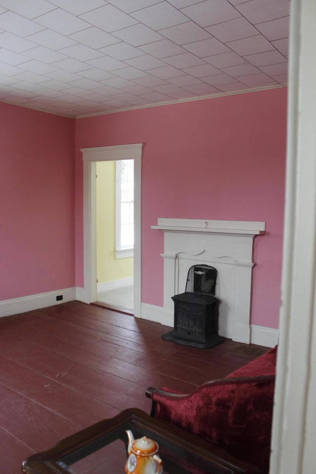 living room featuring wood-type flooring and a wood stove