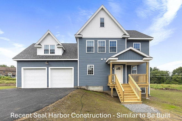 view of front of home with aphalt driveway, roof with shingles, a porch, an attached garage, and a front yard