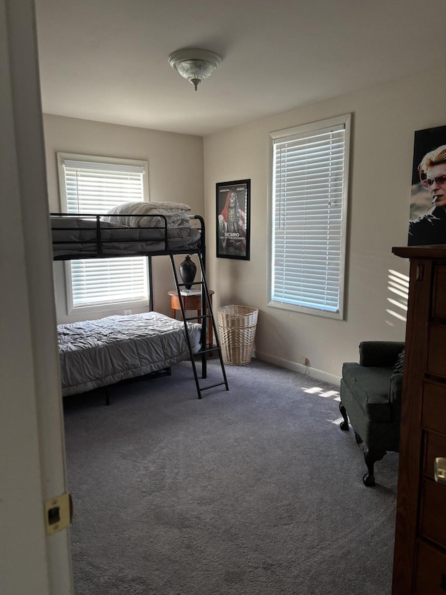 bedroom with dark colored carpet