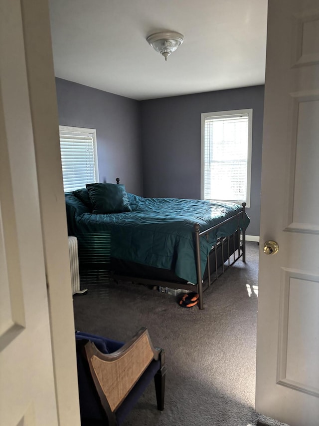 carpeted bedroom with radiator heating unit