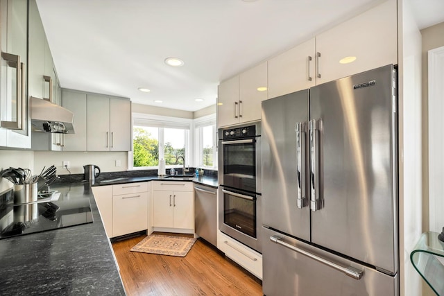 kitchen with hardwood / wood-style floors, sink, stainless steel appliances, and extractor fan