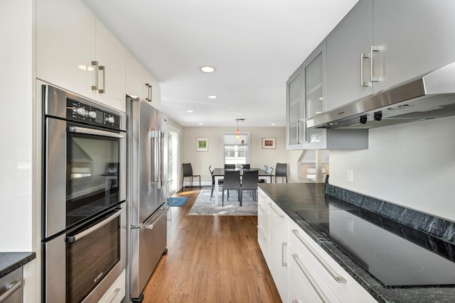 kitchen featuring light hardwood / wood-style floors, white cabinetry, stainless steel appliances, and hanging light fixtures