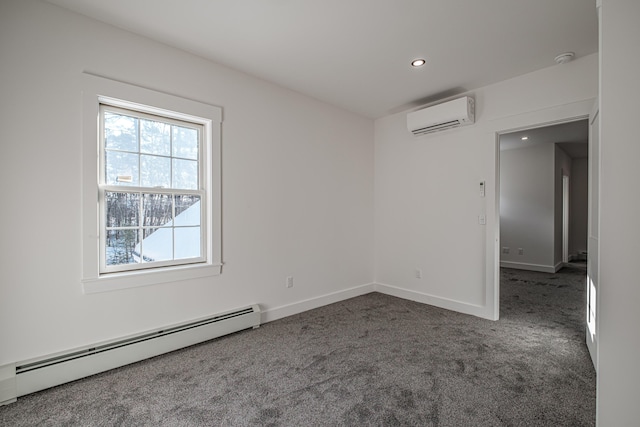 carpeted empty room featuring a baseboard radiator and a wall mounted AC