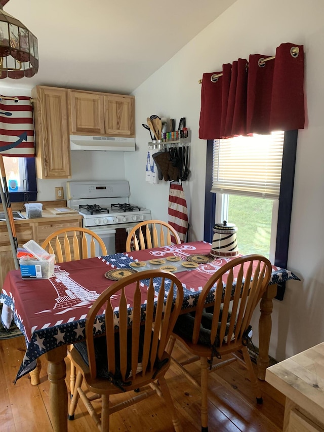 dining space with lofted ceiling and wood-type flooring