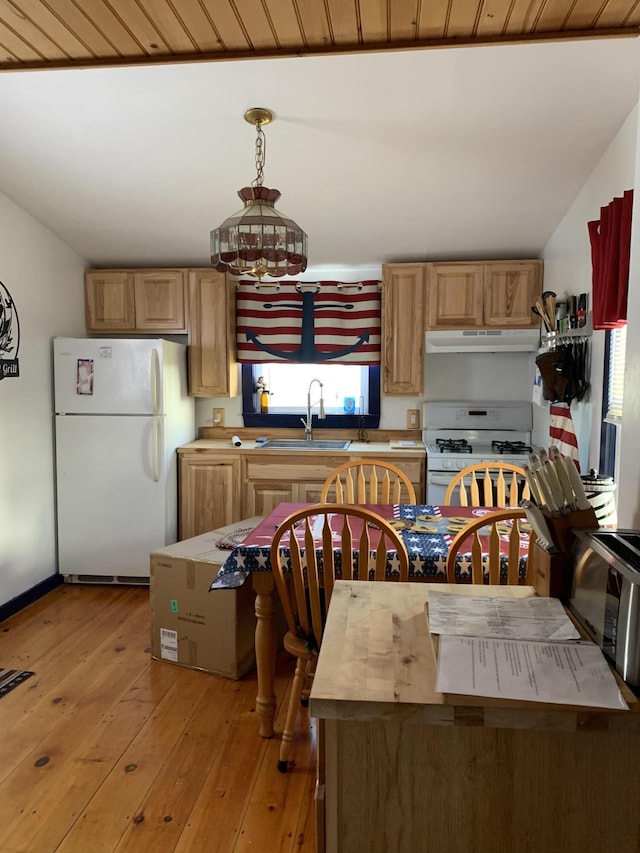 kitchen featuring sink, pendant lighting, light hardwood / wood-style floors, white appliances, and wood ceiling