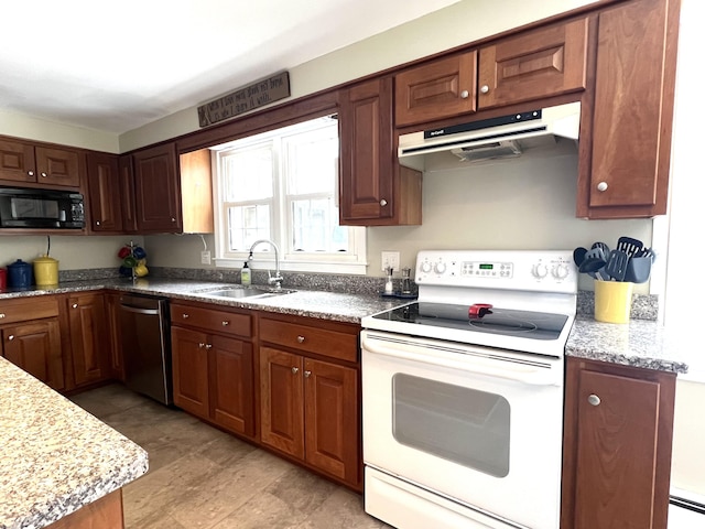 7 Edgewood Dr, Orono, ME 04473 - kitchen with electric range, black microwave, under cabinet range hood, a sink, and dishwasher