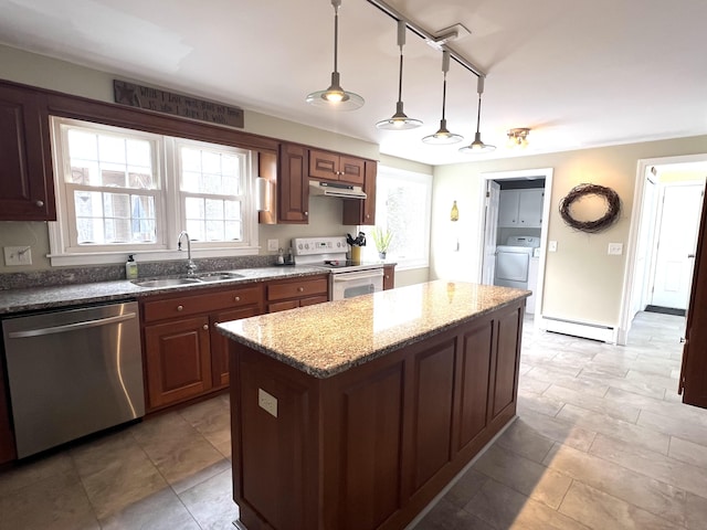 7 Edgewood Dr, Orono, ME 04473 - kitchen featuring white electric range oven, stainless steel dishwasher, a sink, under cabinet range hood, and a baseboard radiator