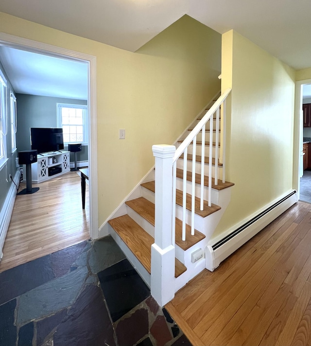 7 Edgewood Dr, Orono, ME 04473 - staircase featuring a baseboard heating unit and wood finished floors