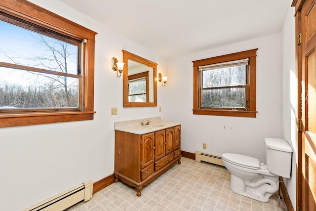 bathroom with vanity, toilet, and baseboard heating