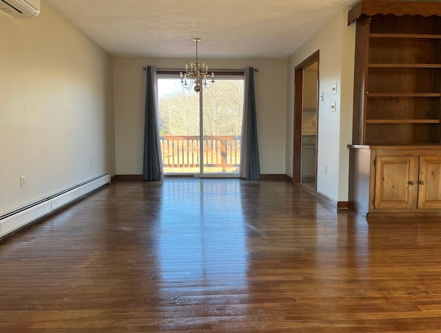 unfurnished dining area with a wall mounted air conditioner, a baseboard heating unit, dark hardwood / wood-style flooring, and an inviting chandelier