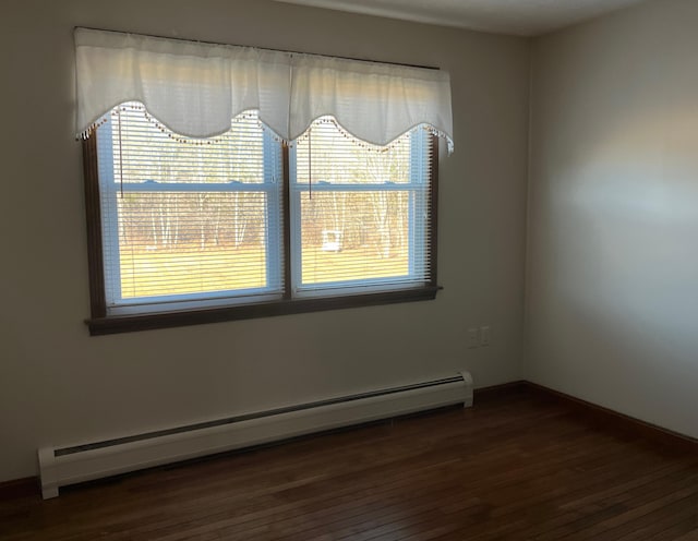 unfurnished room with dark hardwood / wood-style floors and a baseboard radiator