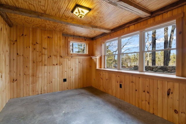 empty room featuring wood walls, beamed ceiling, and wood ceiling