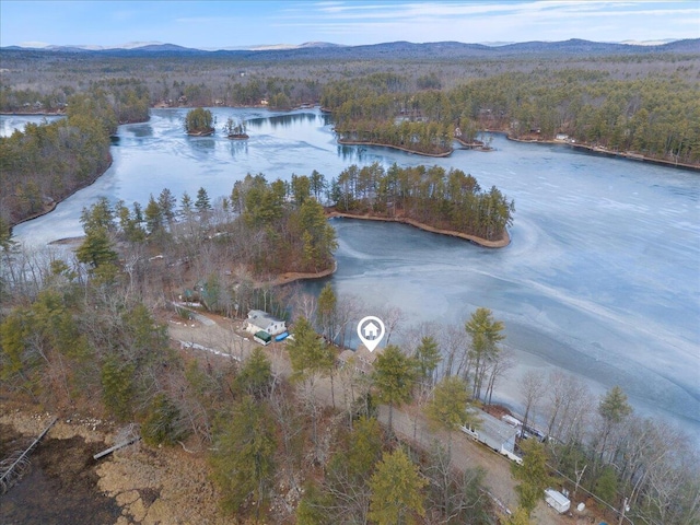 aerial view featuring a water and mountain view