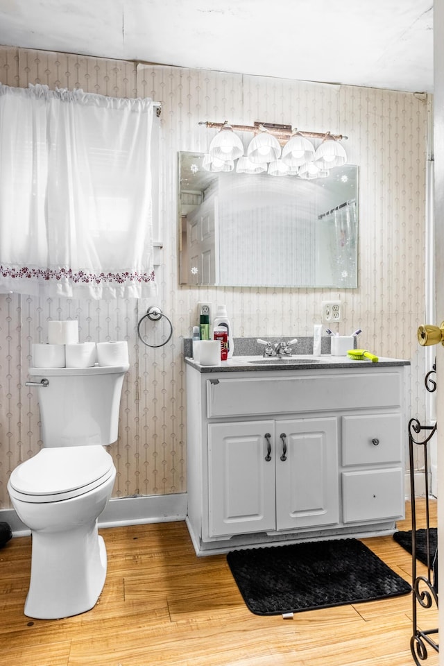 bathroom with vanity, toilet, and wood-type flooring