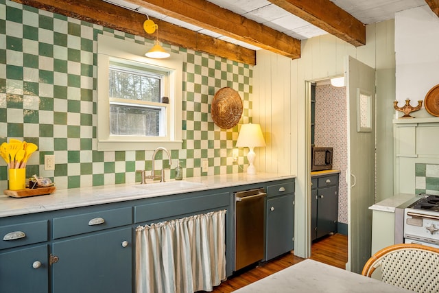 681 Sedgwick Ridge Rd, Sedgwick, ME 04676 - kitchen with dark wood-type flooring, beamed ceiling, and dishwasher