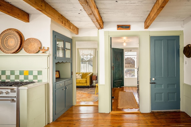 681 Sedgwick Ridge Rd, Sedgwick, ME 04676 - corridor with hardwood / wood-style floors and a wood ceiling with exposed beams