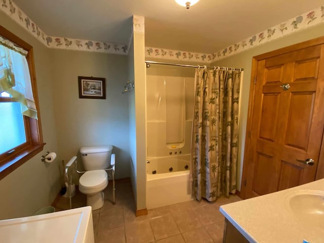 full bathroom featuring tile patterned floors, vanity, shower / tub combo, and toilet