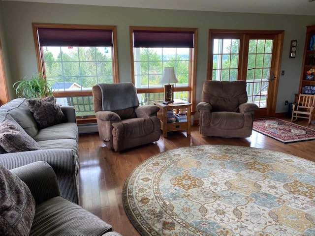 living room featuring hardwood / wood-style floors, a healthy amount of sunlight, and a baseboard radiator