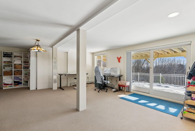 home office featuring light carpet