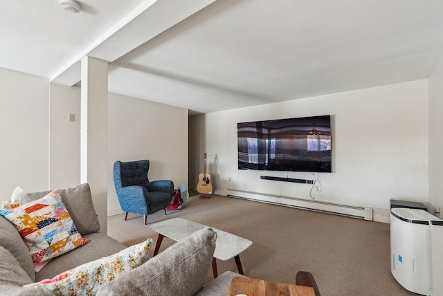 carpeted living room featuring baseboard heating