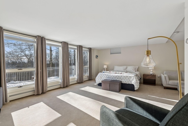 bedroom featuring light carpet and access to outside