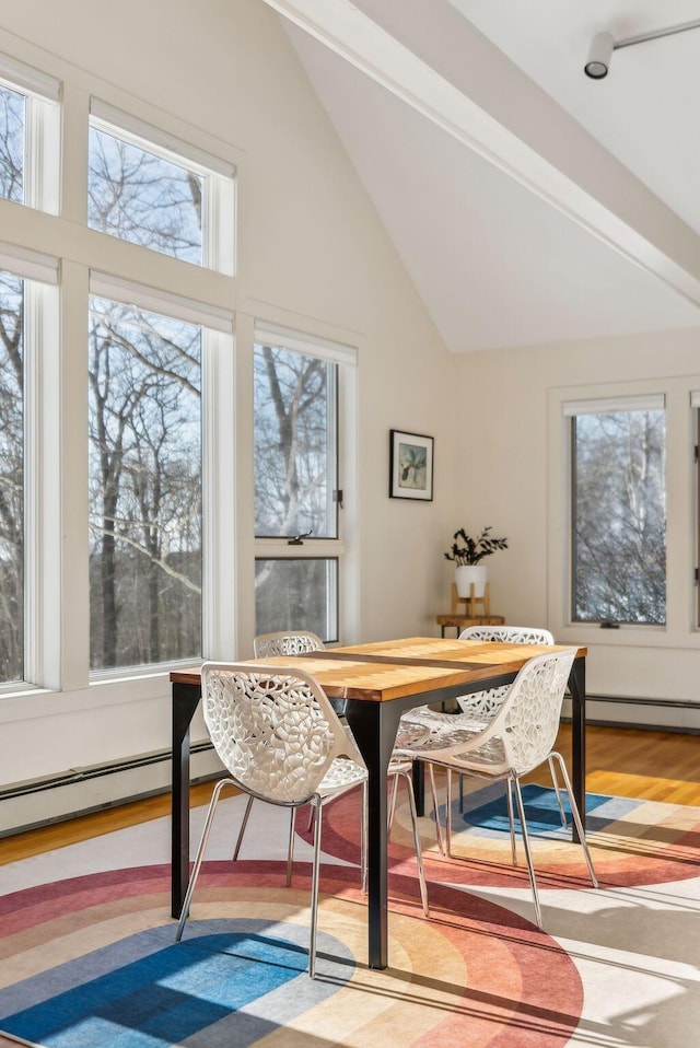 dining room with lofted ceiling, a baseboard heating unit, wood-type flooring, and plenty of natural light