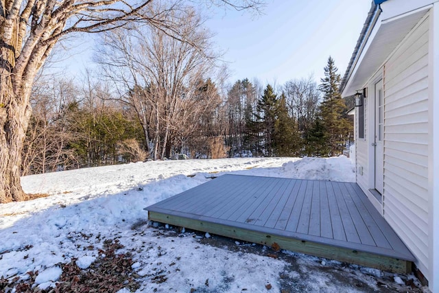 yard covered in snow with a deck