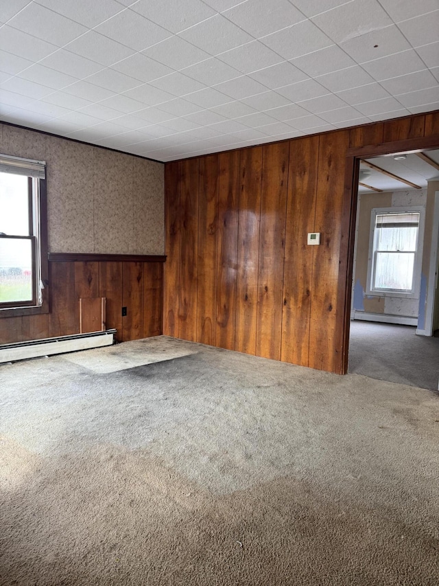 carpeted spare room featuring a baseboard radiator and wooden walls