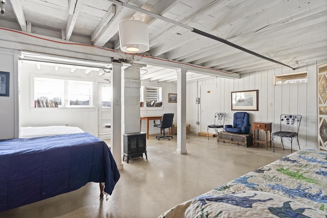 283 Mills Rd, Newcastle, ME 04553 - bedroom featuring beamed ceiling and finished concrete floors