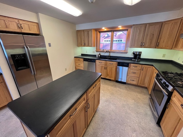 kitchen with a center island, light colored carpet, sink, and appliances with stainless steel finishes