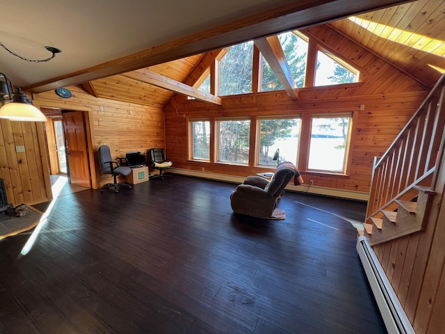 interior space with vaulted ceiling with beams, baseboard heating, dark wood-type flooring, and wooden walls