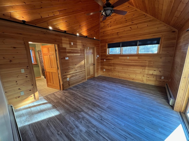 empty room with wooden walls, light hardwood / wood-style flooring, wood ceiling, and lofted ceiling