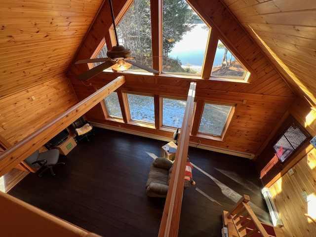 unfurnished living room with wooden ceiling, wooden walls, vaulted ceiling, ceiling fan, and dark hardwood / wood-style flooring