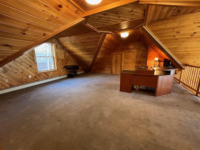 additional living space featuring wooden walls, light colored carpet, wood ceiling, and vaulted ceiling