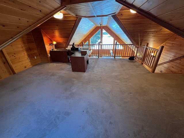 bonus room with wood walls, carpet, wood ceiling, and lofted ceiling