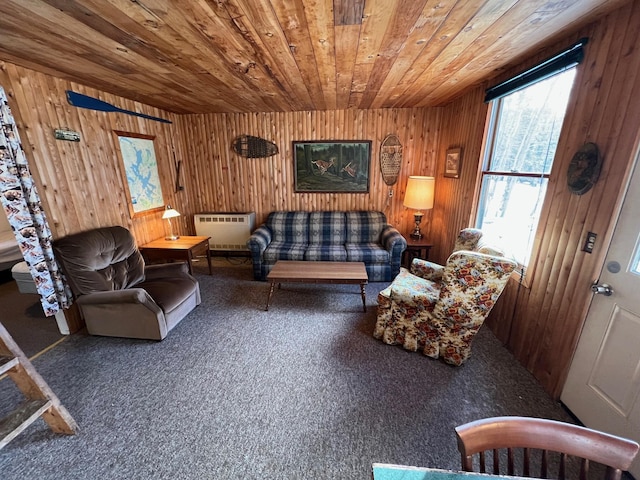 living area with carpet, wood walls, and wooden ceiling