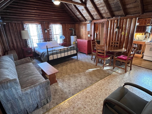 bedroom featuring carpet flooring, lofted ceiling with beams, wooden ceiling, and wooden walls