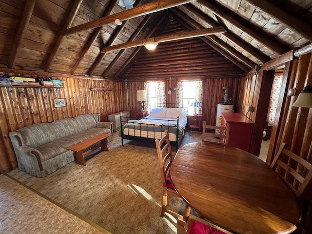 carpeted bedroom featuring lofted ceiling with beams, wood walls, wooden ceiling, and water heater