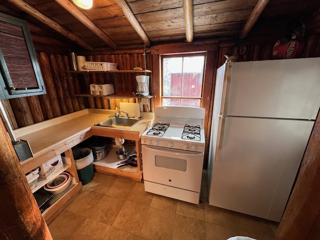 kitchen with wood walls, white appliances, sink, beamed ceiling, and wood ceiling