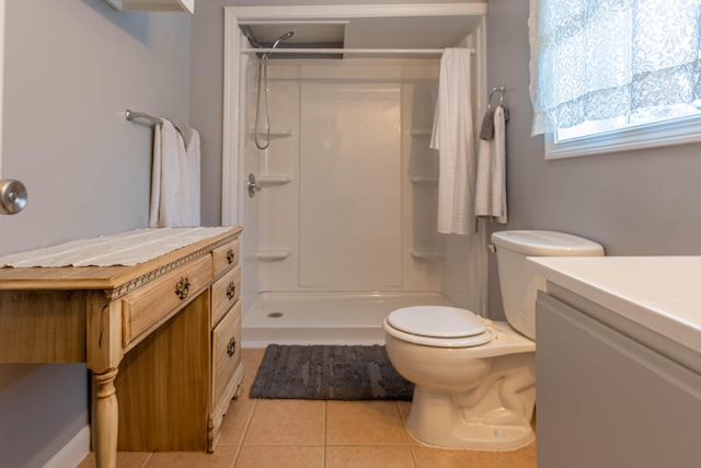 bathroom with tile patterned flooring, toilet, a shower, and vanity