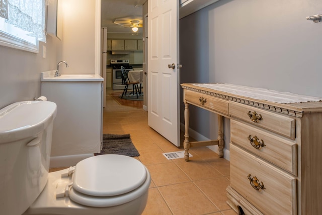 bathroom featuring tile patterned flooring, toilet, ceiling fan, and sink