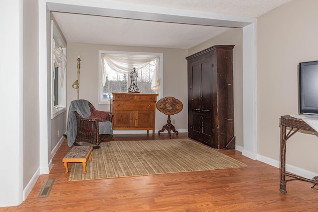 living area featuring a textured ceiling and hardwood / wood-style flooring